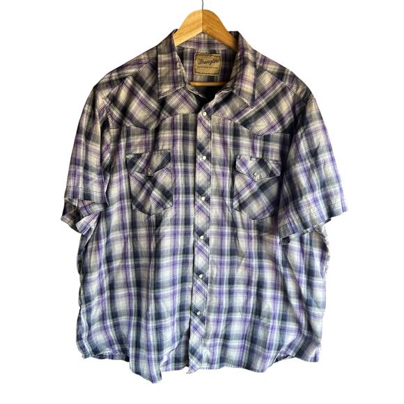 Wrangler Men's Vintage 80s Shirt Pearl Snaps Short Sleeve Purple Plaid Size 3X - Picture 1 of 5